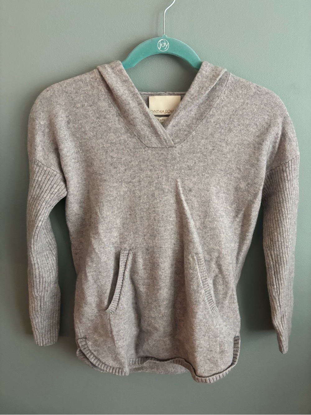 Cynthia Rowley 100% Cashmere Gray V-Neck Hoodie Sweater Kangaroo Pocket Small